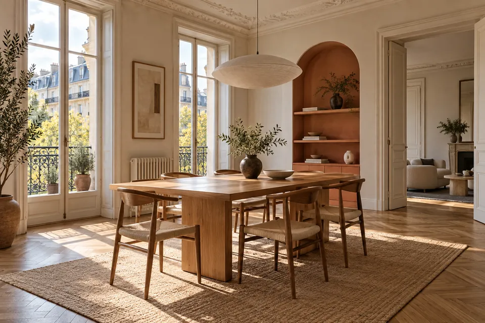 Illustration d’une salle à manger ouverte dans un intérieur rénové